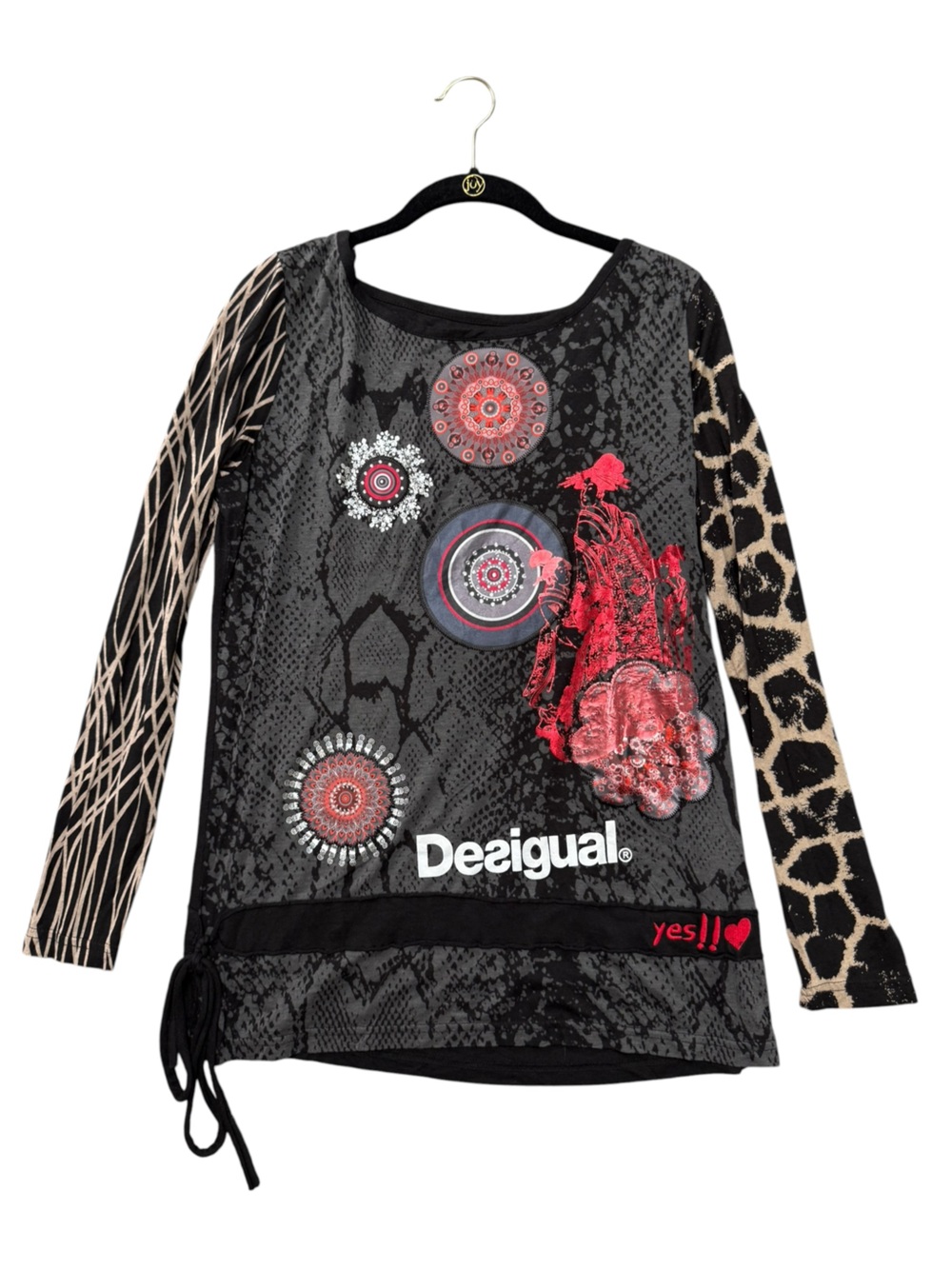 Desigual Black Mixed-Print Long Sleeve Tee Drawstring Size XL